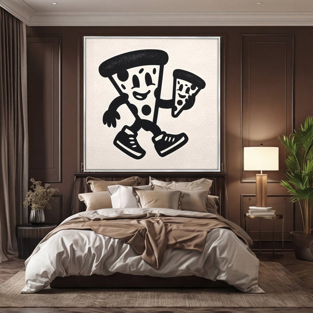 Tablou canvas cu ilustratie retro cu mascota pizza, in rama de aluminiu argintiu, pe perete intr-un dormitor